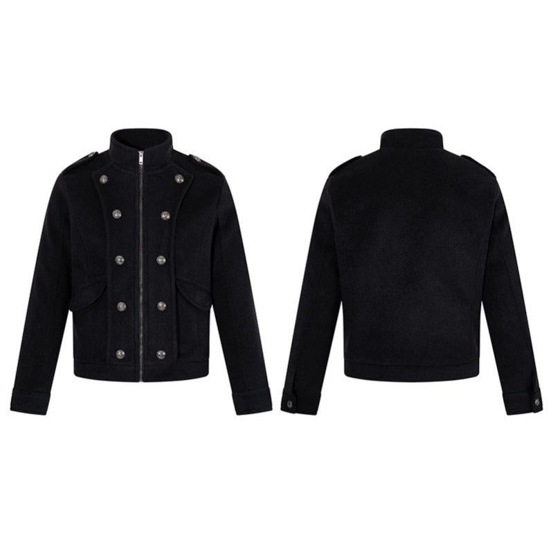 Men's short military-inspired wool jacket with stand-up collar & double-breasted decorative buttons Amarae