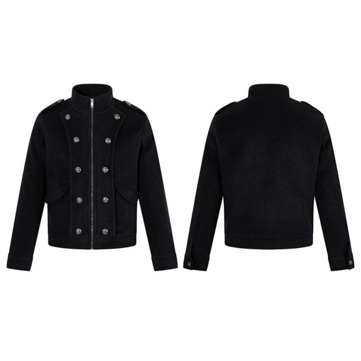 Men's short military-inspired wool jacket with stand-up collar & double-breasted decorative buttons Amarae
