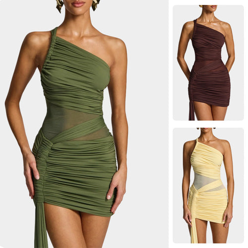 Ladies Elegant One-Shoulder Mini Dress with Sophisticated Draping Design and Flowing Skirt Amarae