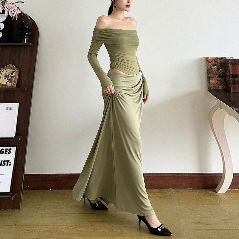 Robe maxi élégante pour femme à épaules découvertes avec détails en volants et manches longues Chic & Stil