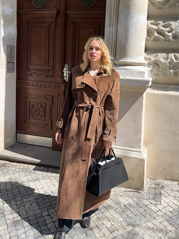 Women Maxi Long Suede Trench Coat with Tied Belt Amarae
