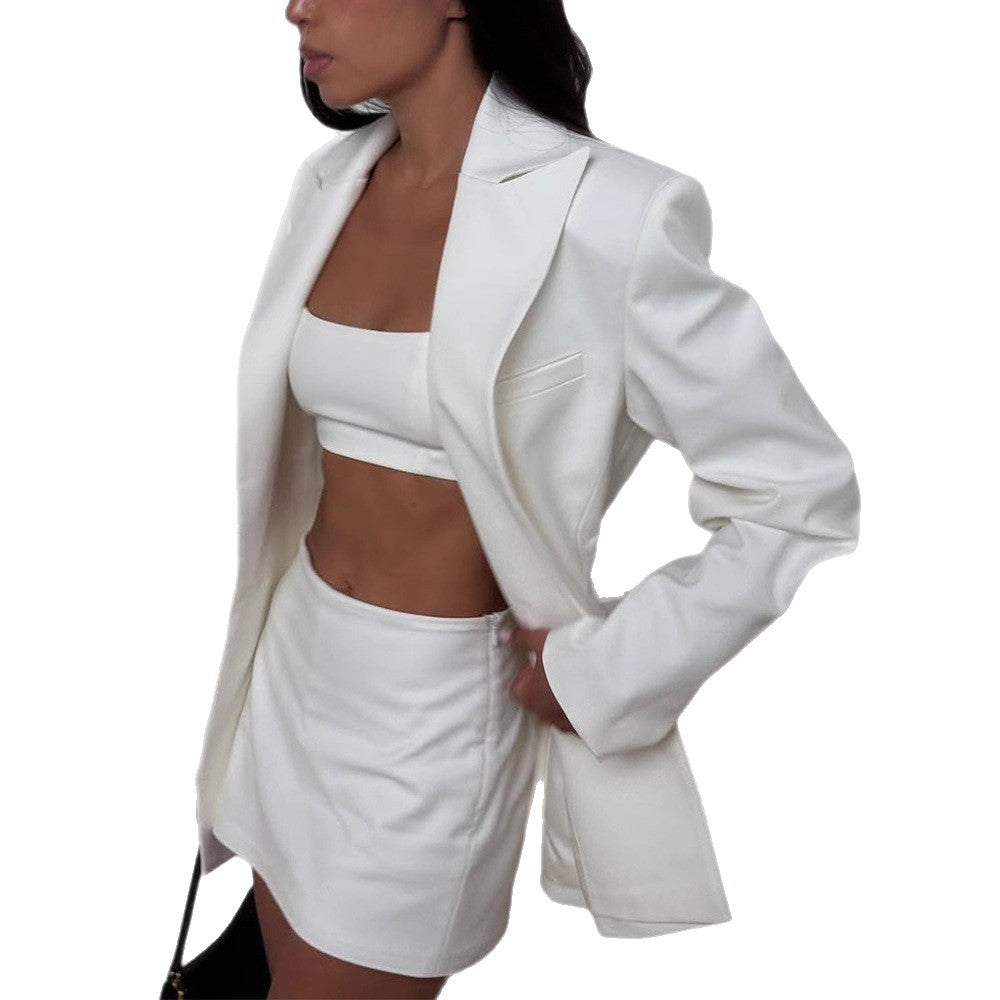 Women Tailored Blazer Coat with Sculptural Shoulder Area and Extended Cropped Silhouette Amarae