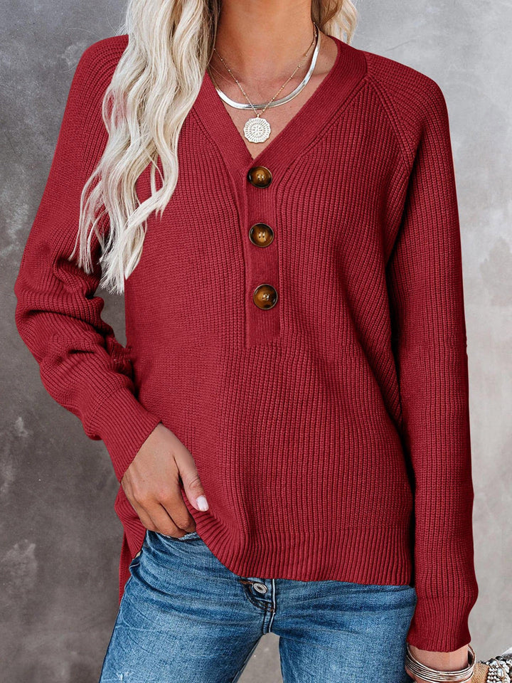 Knitted sweater for women with V-neck and button details Lune London