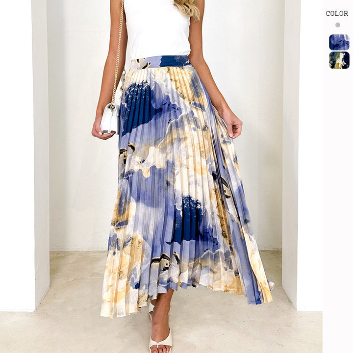 Ladies Elegant Pleated Skirt with Floral Design and Elastic Waistband Lune London
