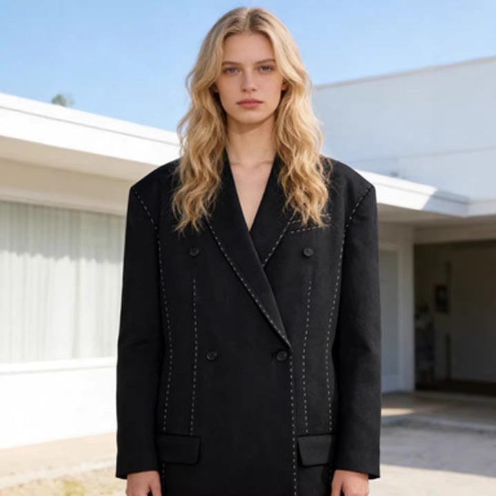 Women's Double-Breasted Oversized Blazer Coat with Distinctive Shoulder Area & Decorative Stitching Amarae