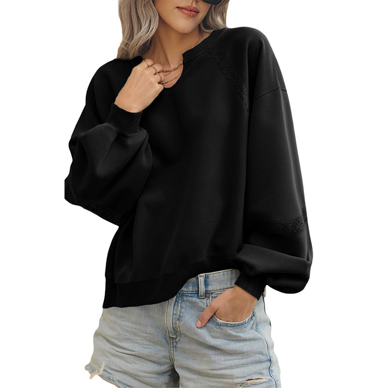 Women's sweatshirt with lace inserts, V-neck and balloon sleeves Amarae