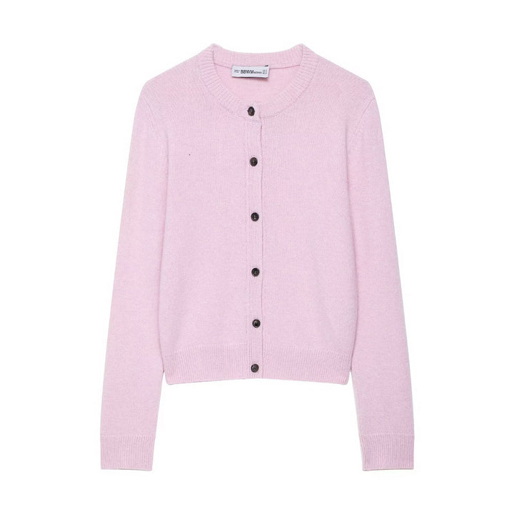 Women Short-Cut Fine Knit Cardigan with Round Neck and Ribbed Cuffs Amarae