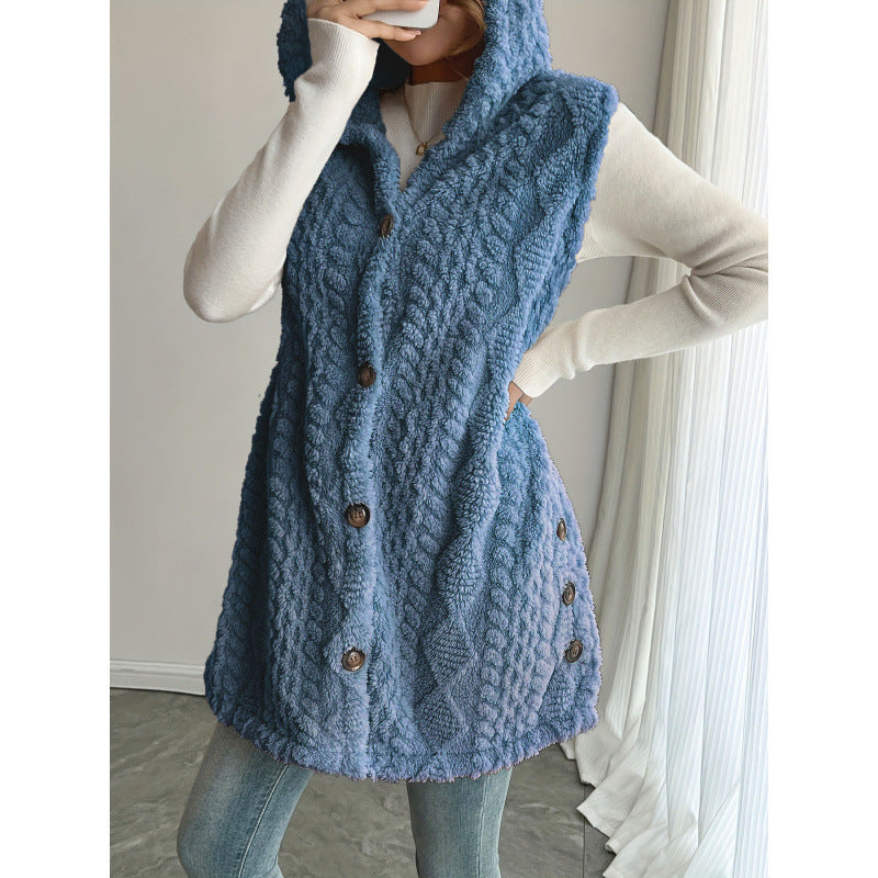 Women's Hooded Teddy Vest with Structured Cable Knit Pattern and Decorative Button Placket Amarae