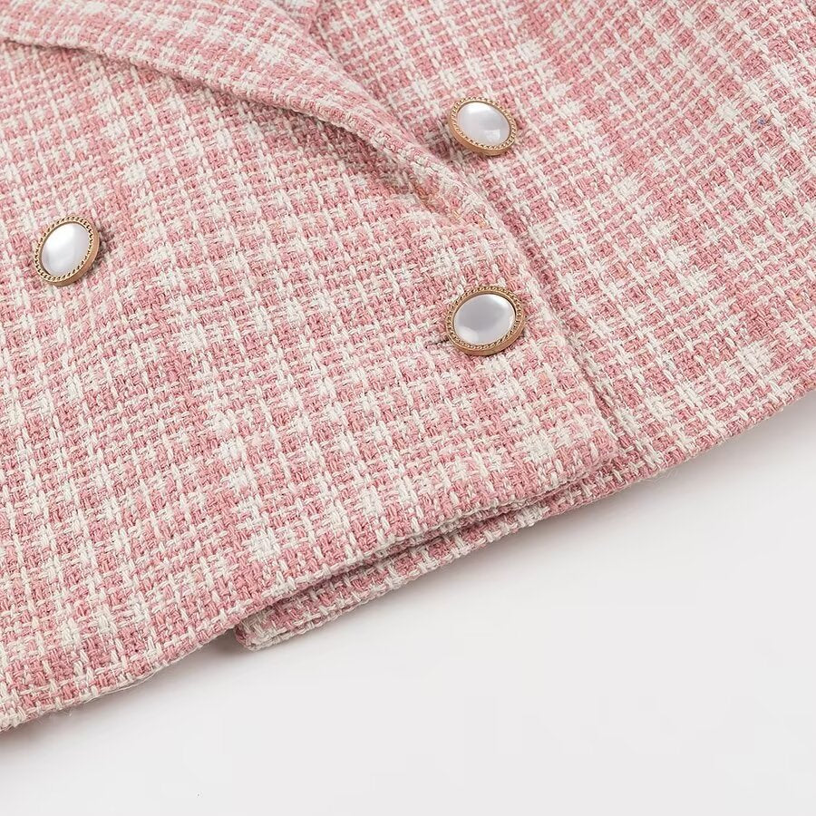 Women's Short Cut Boucle Blazer with Double Breasted Decorative Button Placket and Textured Weave Look Amarae
