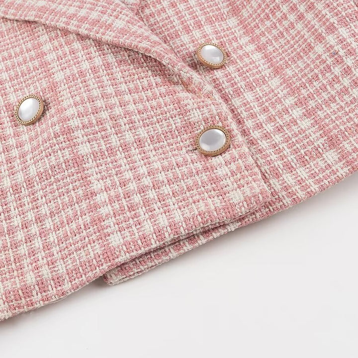 Women's Short Cut Boucle Blazer with Double Breasted Decorative Button Placket and Textured Weave Look Amarae
