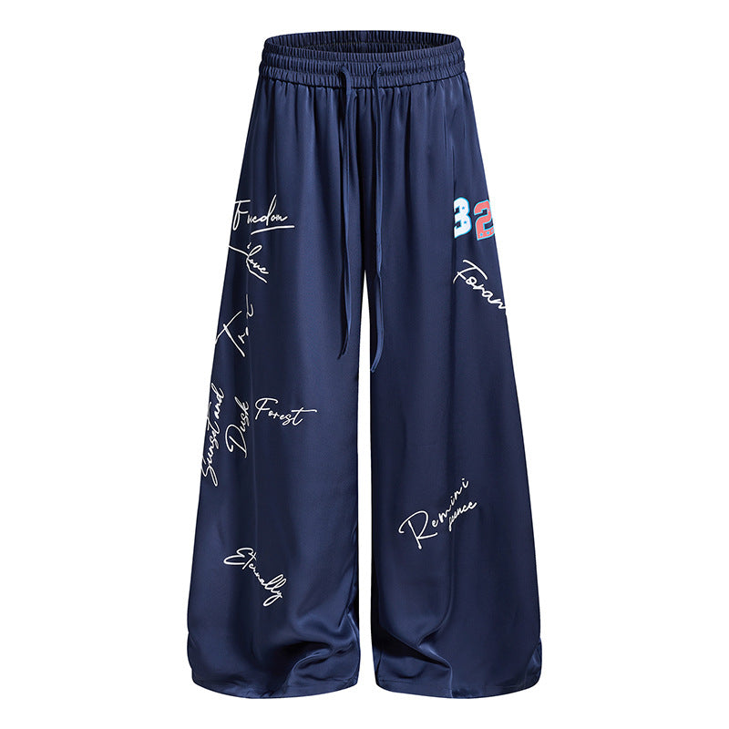 Women's Wide Satin Palazzo Lounge Pants with Elastic Waistband, Drawstring, and Script Print Amarae