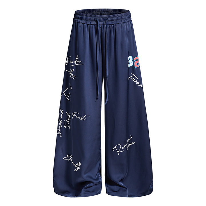Women's Wide Satin Palazzo Lounge Pants with Elastic Waistband, Drawstring, and Script Print Amarae