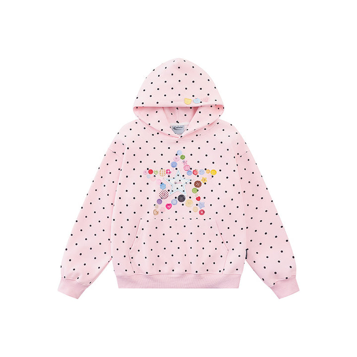 Women's hoodie with button star appliqué, allover polka dot and kangaroo pocket Amarae