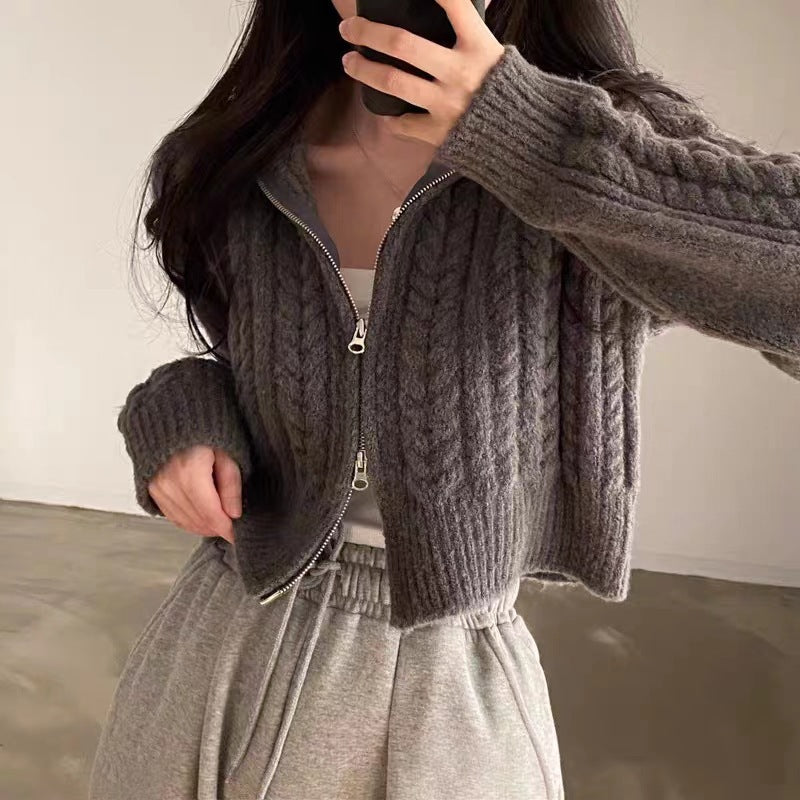 Women's knitted jacket with a high-quality cable pattern and sporty zip Lune London