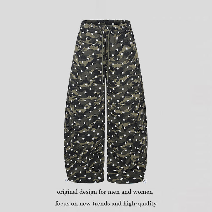 Women's casual palazzo pants in balloon cut with camouflage star print and adjustable hem drape
