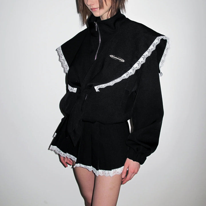 Oversized women's jacket with decorative lace collar and tie belt Lune London