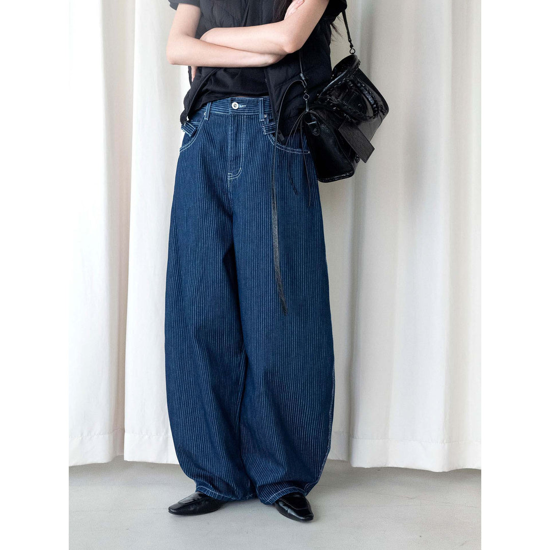 Women's Extra Wide High-Waist Pinstripe Denim Baggy Culotte with Pleats