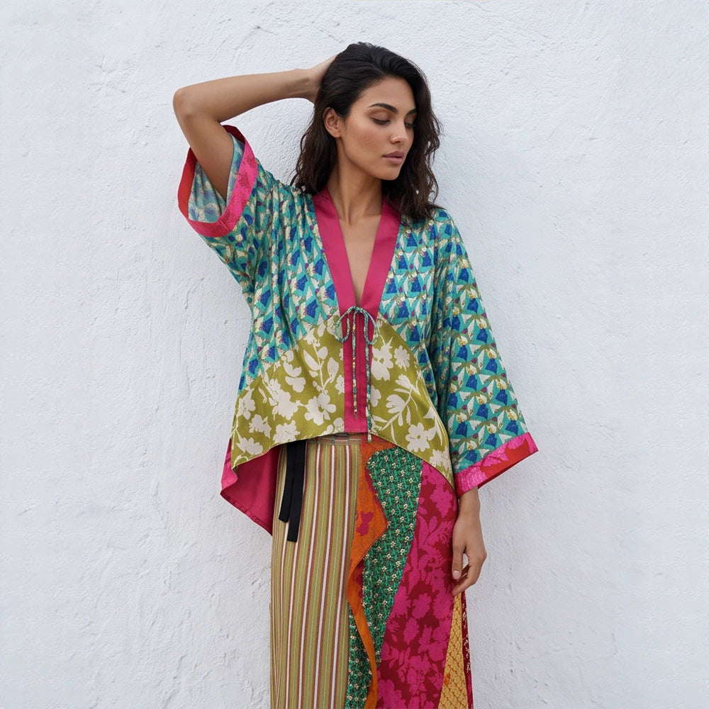 Women's Patchwork Kimono Top made of silk blend with deep V-neck and tie belt Amarae