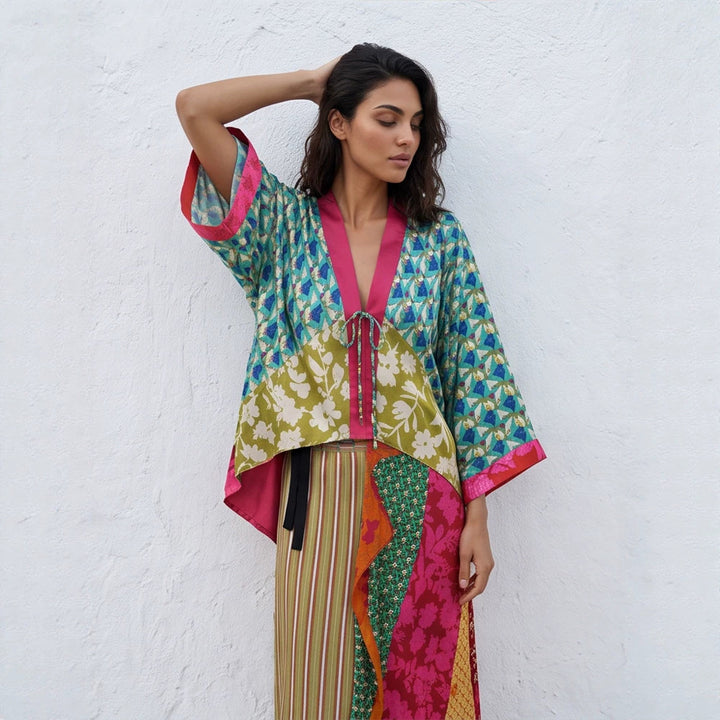 Women's Patchwork Kimono Top made of silk blend with deep V-neck and tie belt Amarae