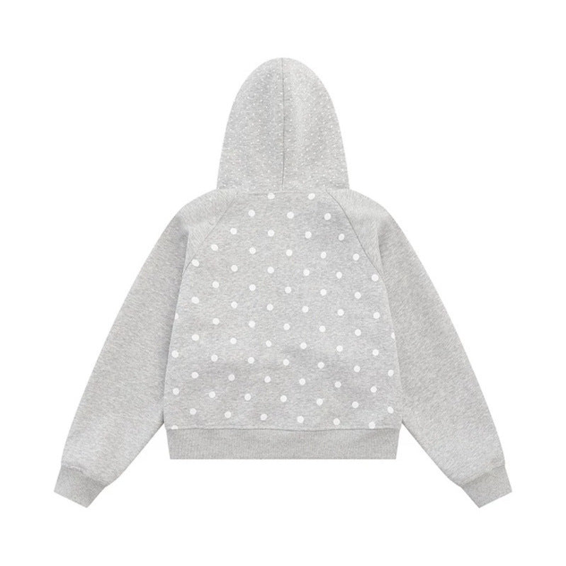 Women's hooded sweatshirt jacket with ruffled hood, polka dot pattern and decorative bows Amarae