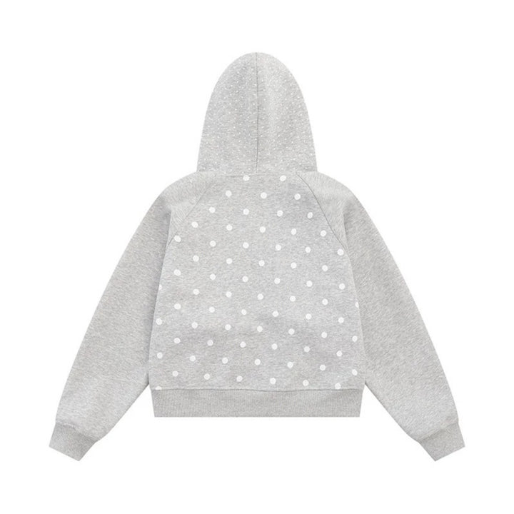 Women's hooded sweatshirt jacket with ruffled hood, polka dot pattern and decorative bows Amarae