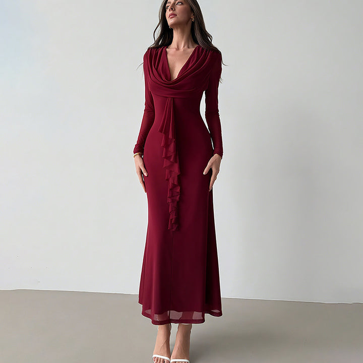 Elegant maxi dress for women with deep V-neckline and ruffle detail Lune London