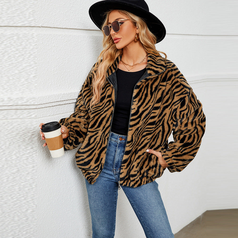 Ladies Cozy Fleece Jacket with Chic and Stylish Zebra Design