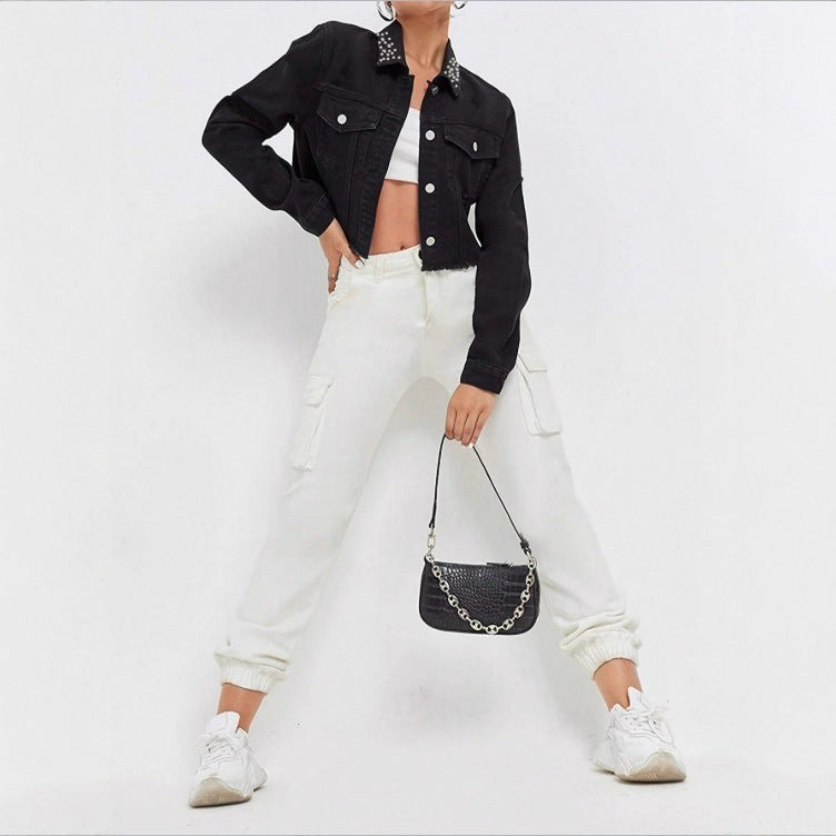 Women's Cropped Denim Jacket with Studded Collar, Frayed Hem and Flap Pockets Amarae