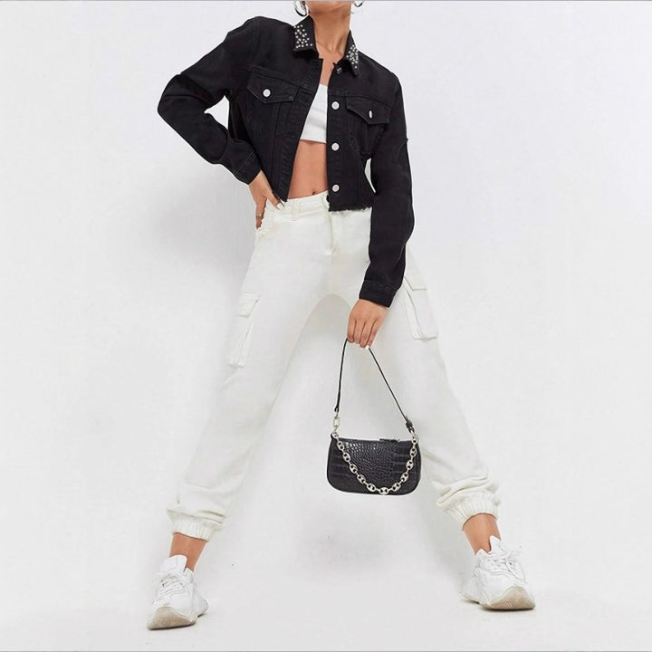 Women's Cropped Denim Jacket with Studded Collar, Frayed Hem and Flap Pockets Amarae