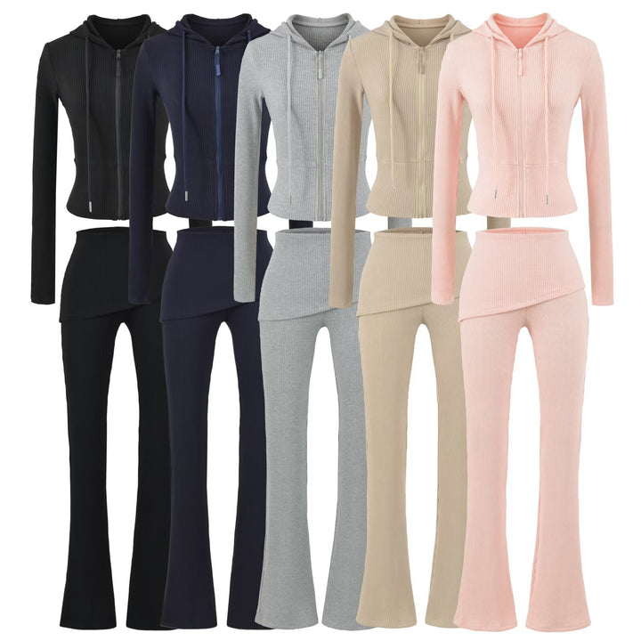 Women's Ribbed Lounge Set with Hooded Jacket and Wrap Waist Pants Amarae