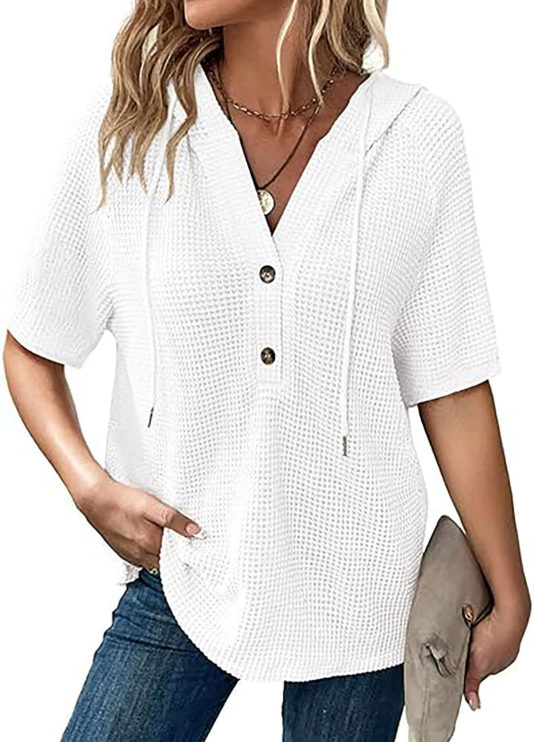 Short-sleeve blouse with embossed structure for ladies with hood and button placket Lune London