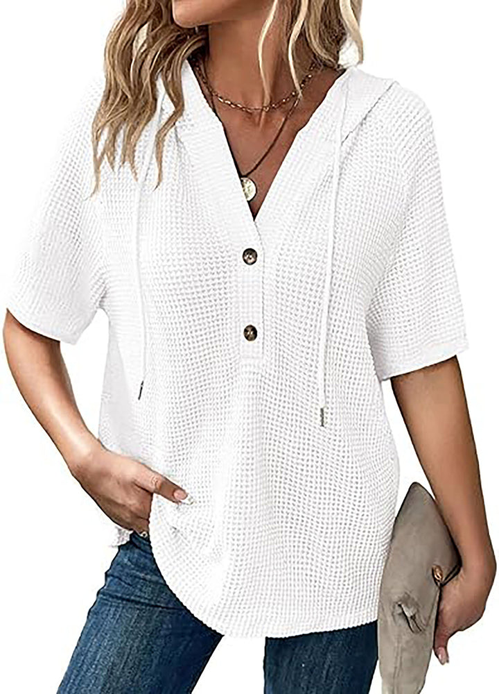 Short-sleeve blouse with embossed structure for ladies with hood and button placket Lune London