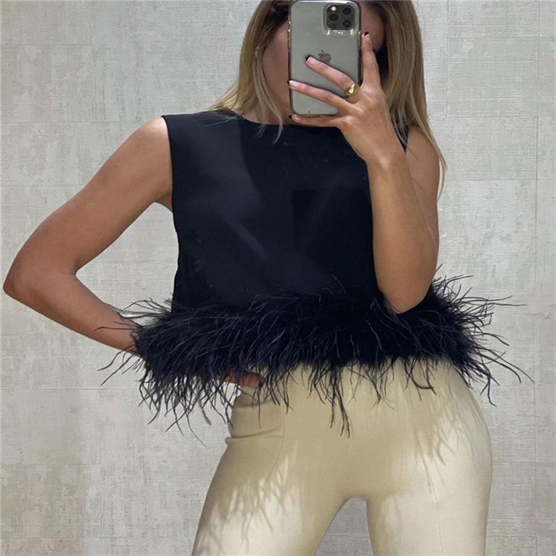 Ladies Elegant Top with Feathers and Chic Round Neck
