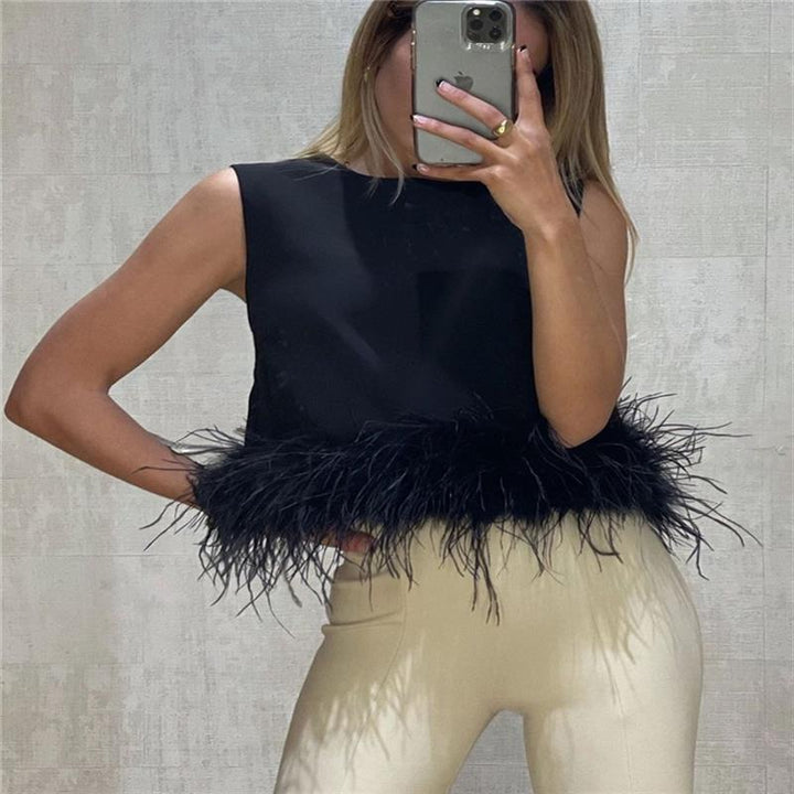 Ladies Elegant Top with Feathers and Chic Round Neck