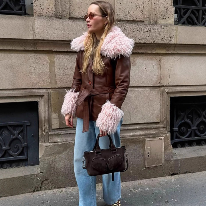 Women tailored leather imitation jacket with tie belt, opulent removable faux fur shawl collar and fur cuffs Amarae