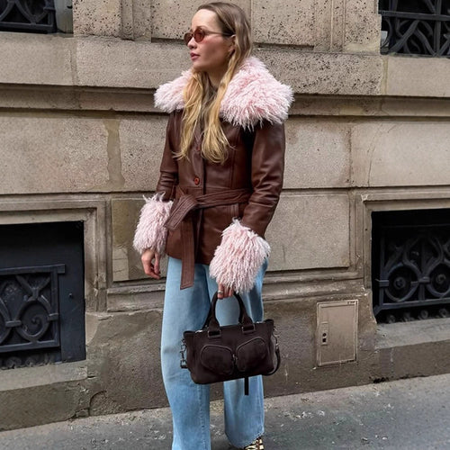 Women tailored leather imitation jacket with tie belt, opulent removable faux fur shawl collar and fur cuffs Amarae