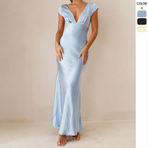 Women's Elegant Maxi Dress with Deep V-Neck and Flowing Satin Finish Amarae