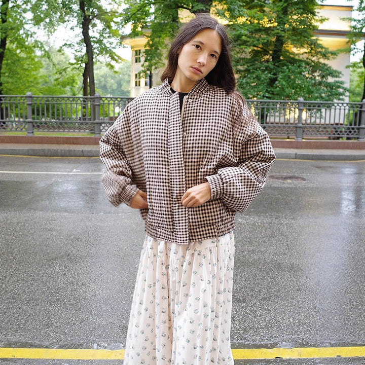 Women's Oversize Checked Bomber Jacket with Standing Collar and Concealed Snap Placket Amarae
