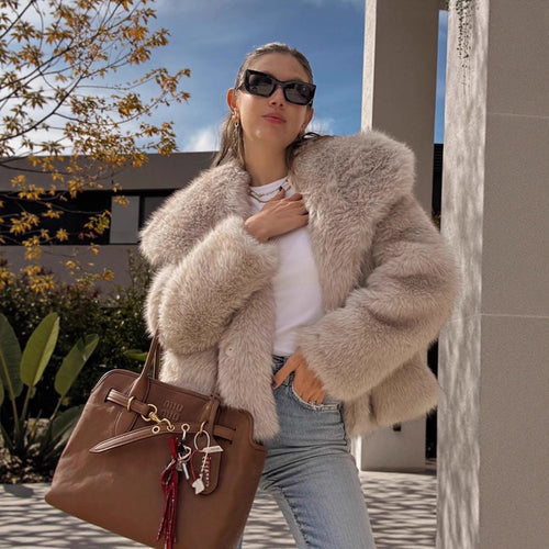 Ladies elegant faux fur coat with wide collar Amarae