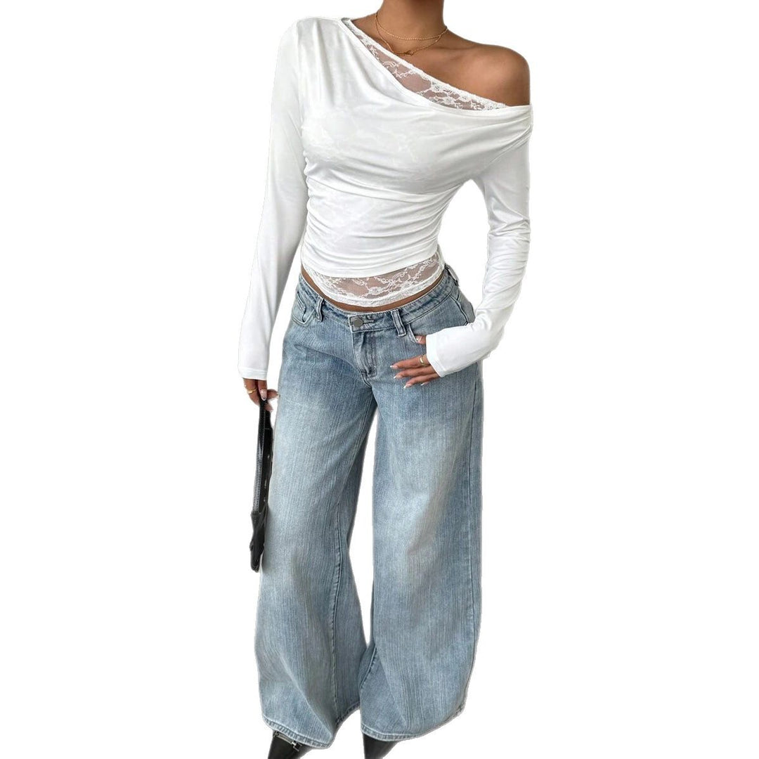 Casual long-sleeve t-shirt for women with asymmetric neckline and transparent details Amarae