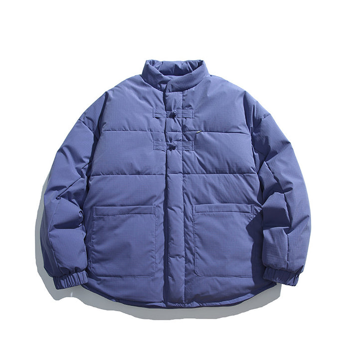 Unisex Boxy padded stand-up collar jacket with Chinese toggle closures and large front pockets Amarae