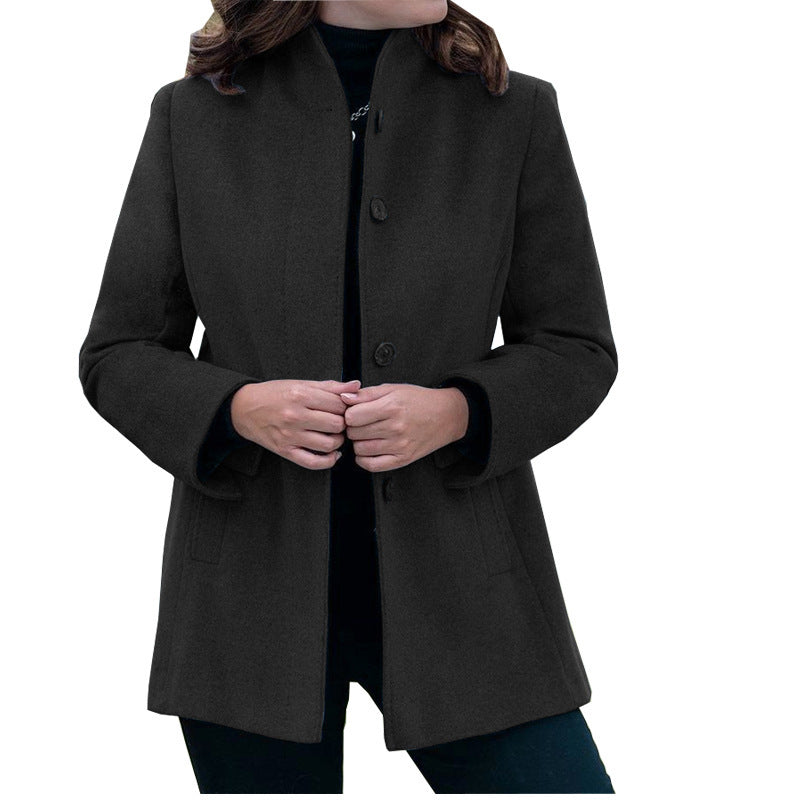 Women's stylish wool coat with modern high collar and practical pockets Lune London