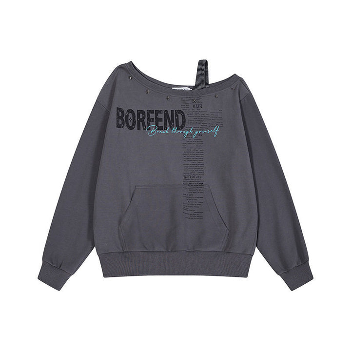 Women's Oversize Sweatshirt with Asymmetric One-Shoulder Strap, Kangaroo Pocket and Studs Amarae
