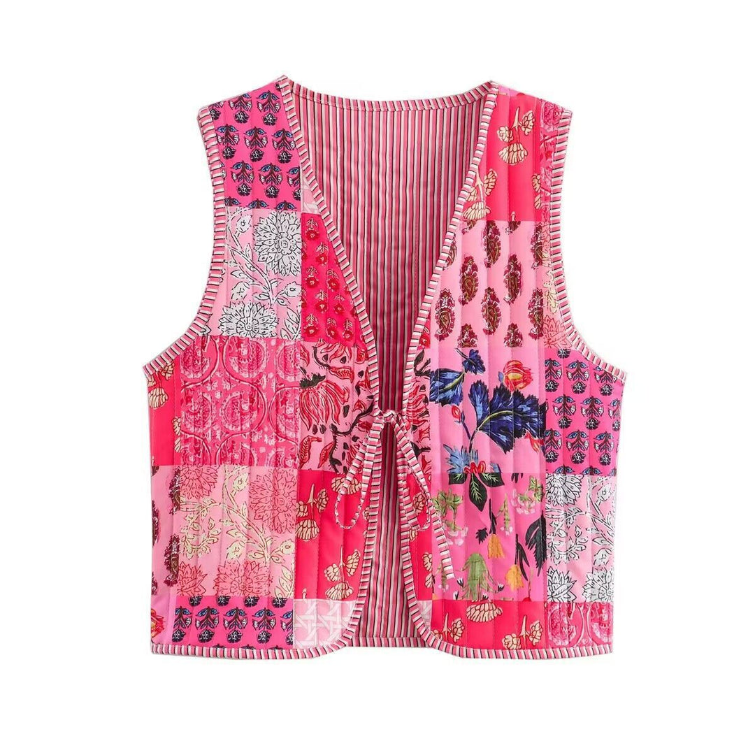 Women Patchwork Vest with V-Neck, Tie Band and Striped Lining Amarae