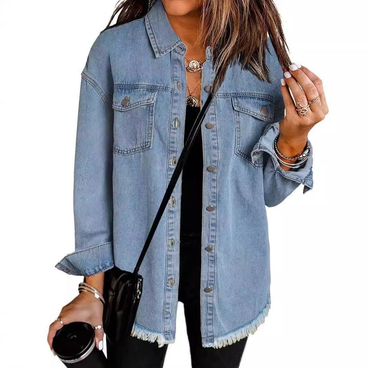 Casual denim jacket for women with frayed hems and patch pockets Lune London