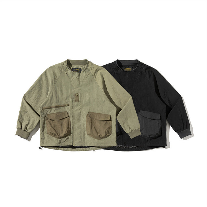 Unisex Lightweight Boxy Field Jacket without Collar with Raglan Sleeves, Patch Flap Pockets and Drawstring Amarae