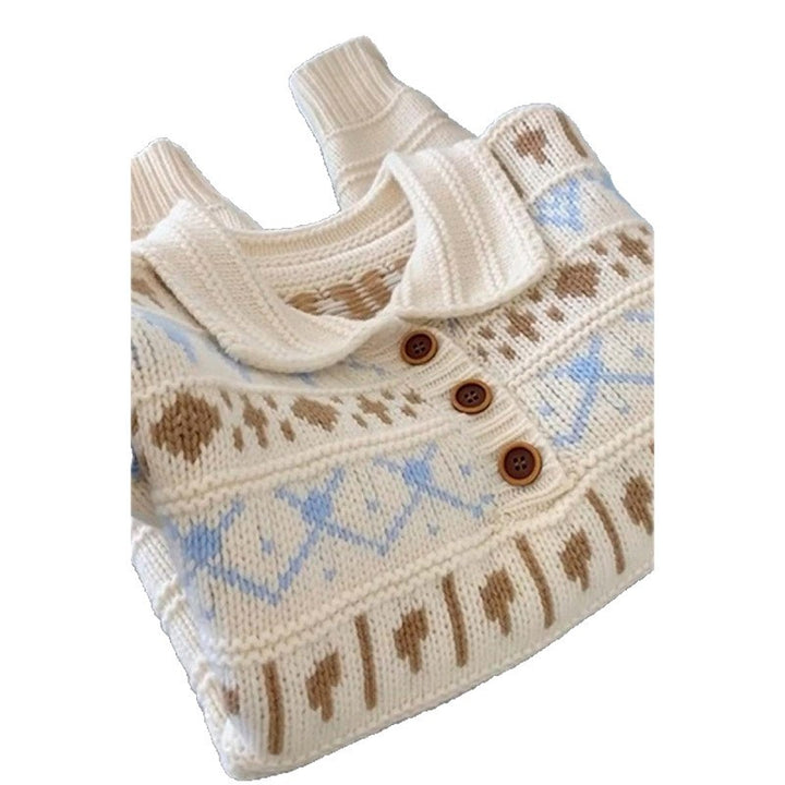 Ladies chunky knit sweater with a love pattern and a romantic collar Lune London
