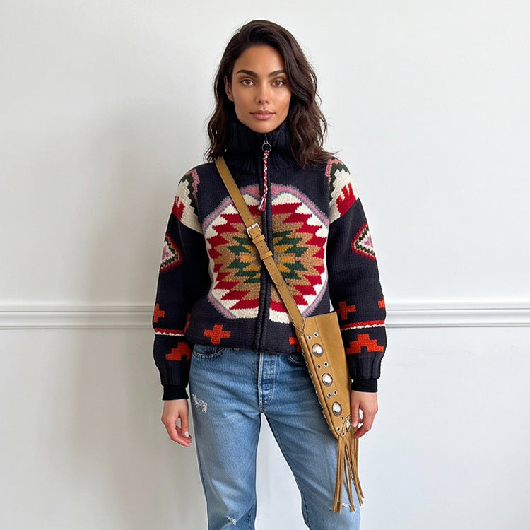 Women's Jacquard Cardigan with Navajo Pattern, Zipper and High Collar Amarae