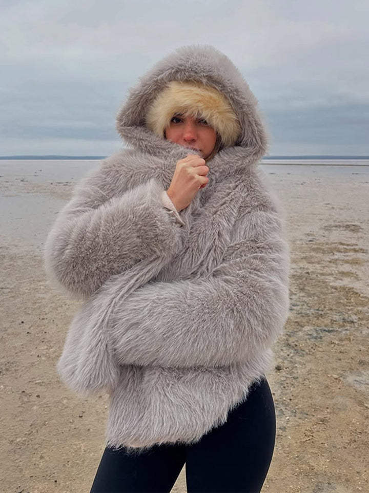Women's Cozy Short Faux Fur Jacket with Extra Voluminous Hood Amarae
