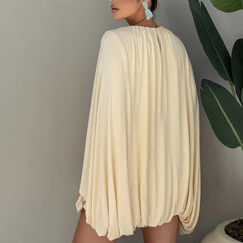 Women Pleated Cape Mini Dress with Round Neckline and Wide Cape Sleeves Amarae